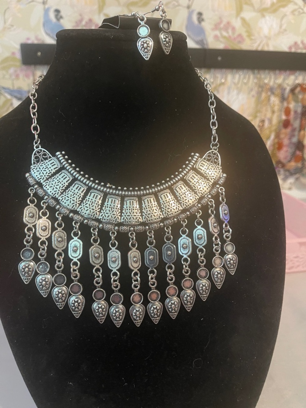 Boho Silver-Tone Fringe Bib Necklace and Earrings Set